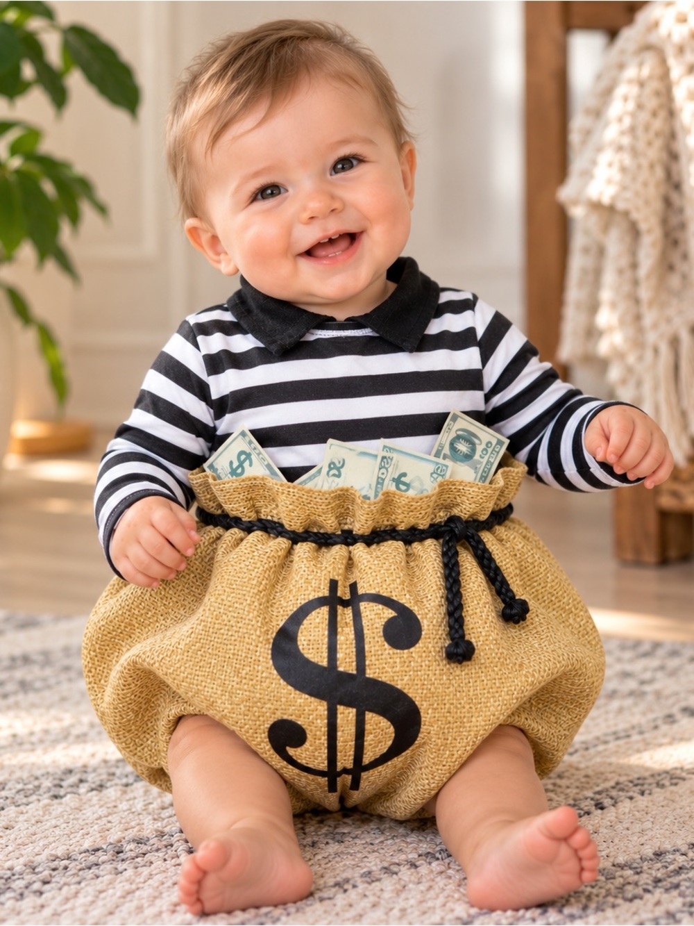 💰 Baby Bank Robber Money Bag Halloween Costume Black White | 6-9 Months